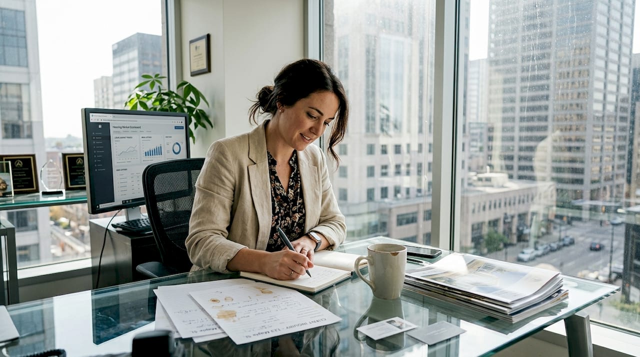 Agent reviewing real estate leads at desk
