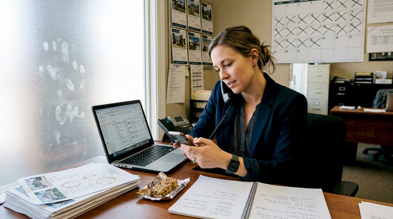 Real estate agent multitasking in busy office