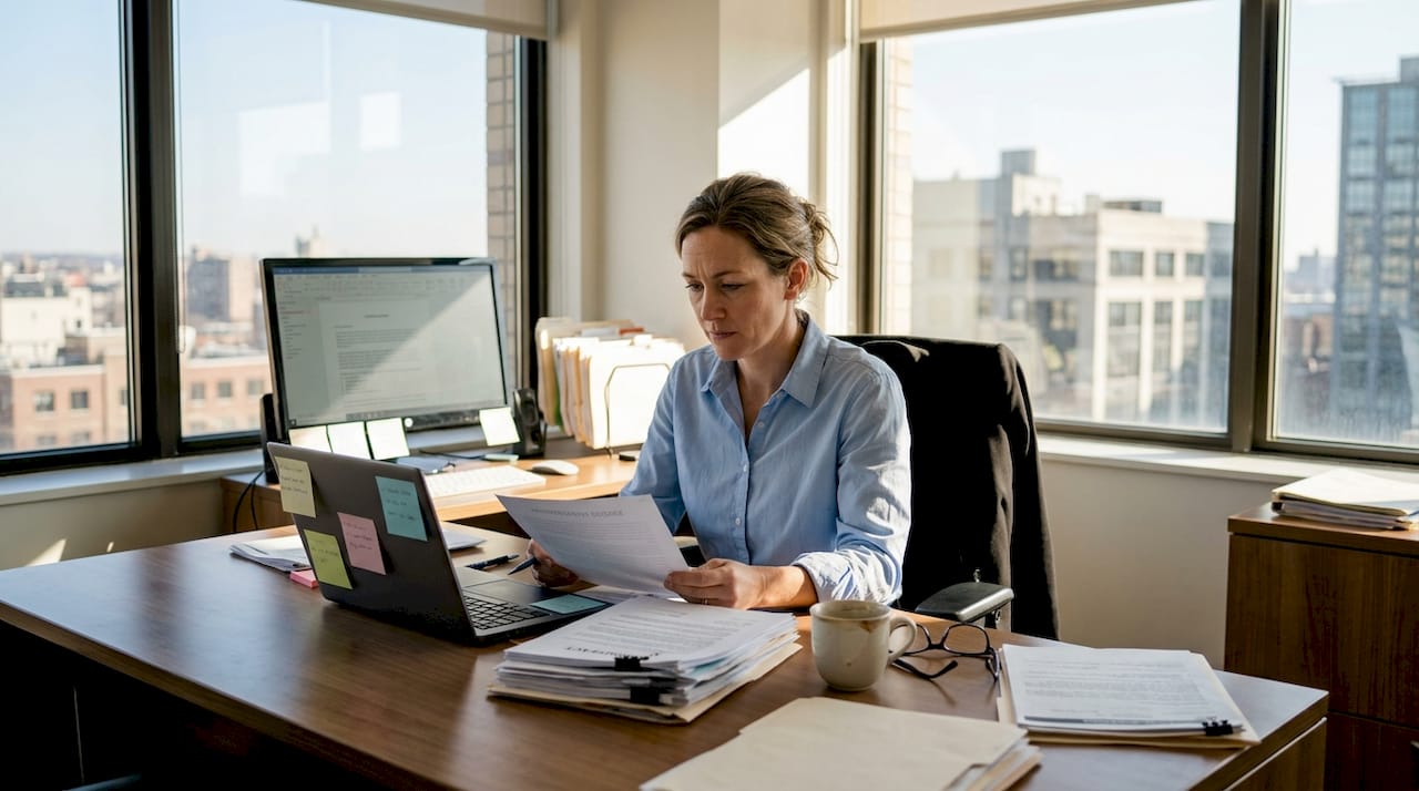Agent preparing for negotiation in sunlit office