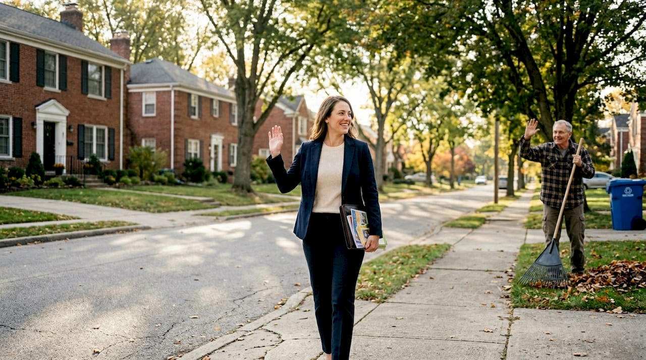 Agent walking and greeting neighbor on street