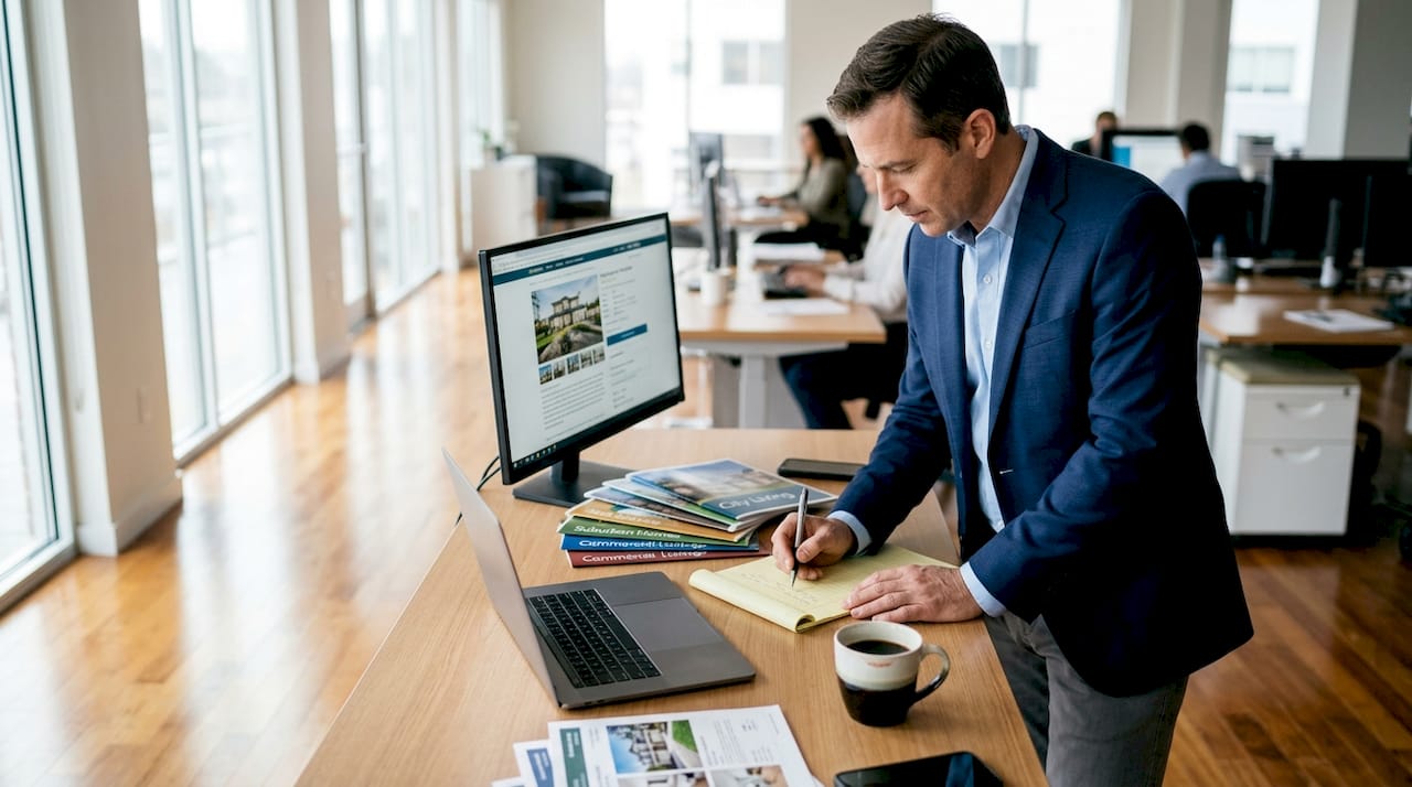 Broker revising listing at sunny office desk