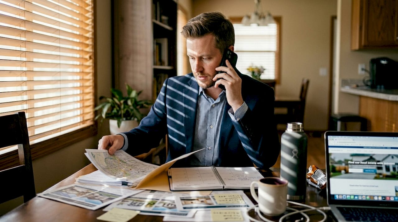 Agent discussing property paperwork in home office