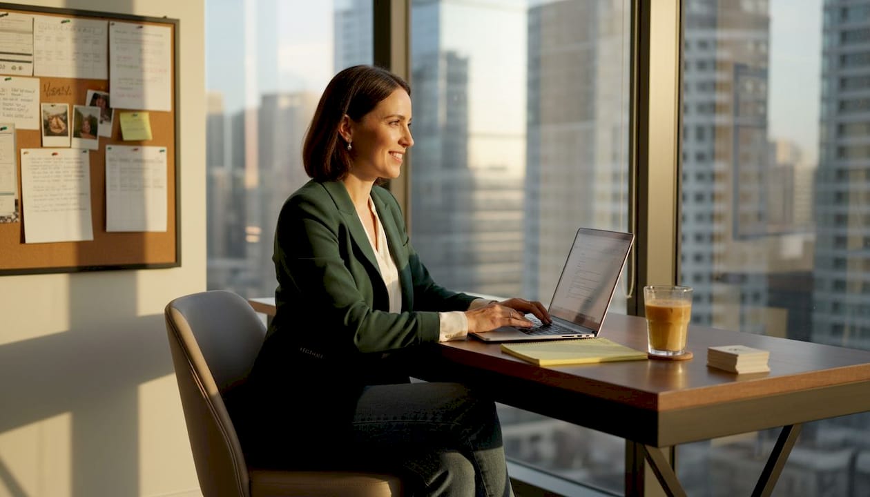 Agent following up with clients at standing desk