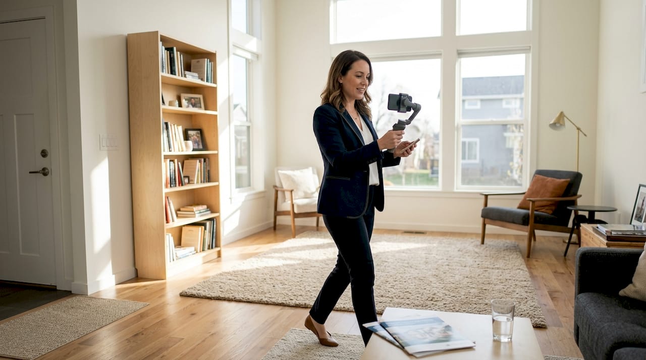 Agent films property video tour in bright living room