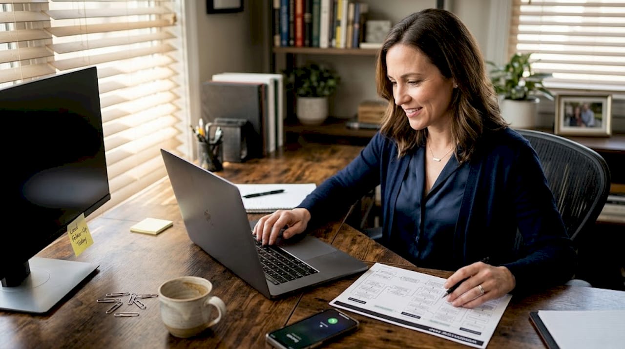 Agent reviewing workflow at cluttered desk