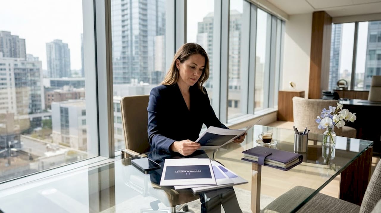Broker reviewing property brochures in luxury office