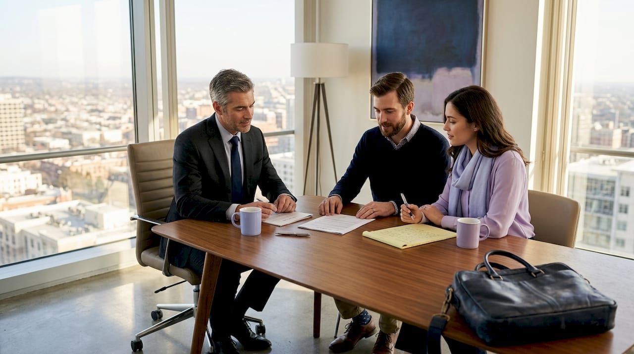 Agent and clients reviewing contract in office