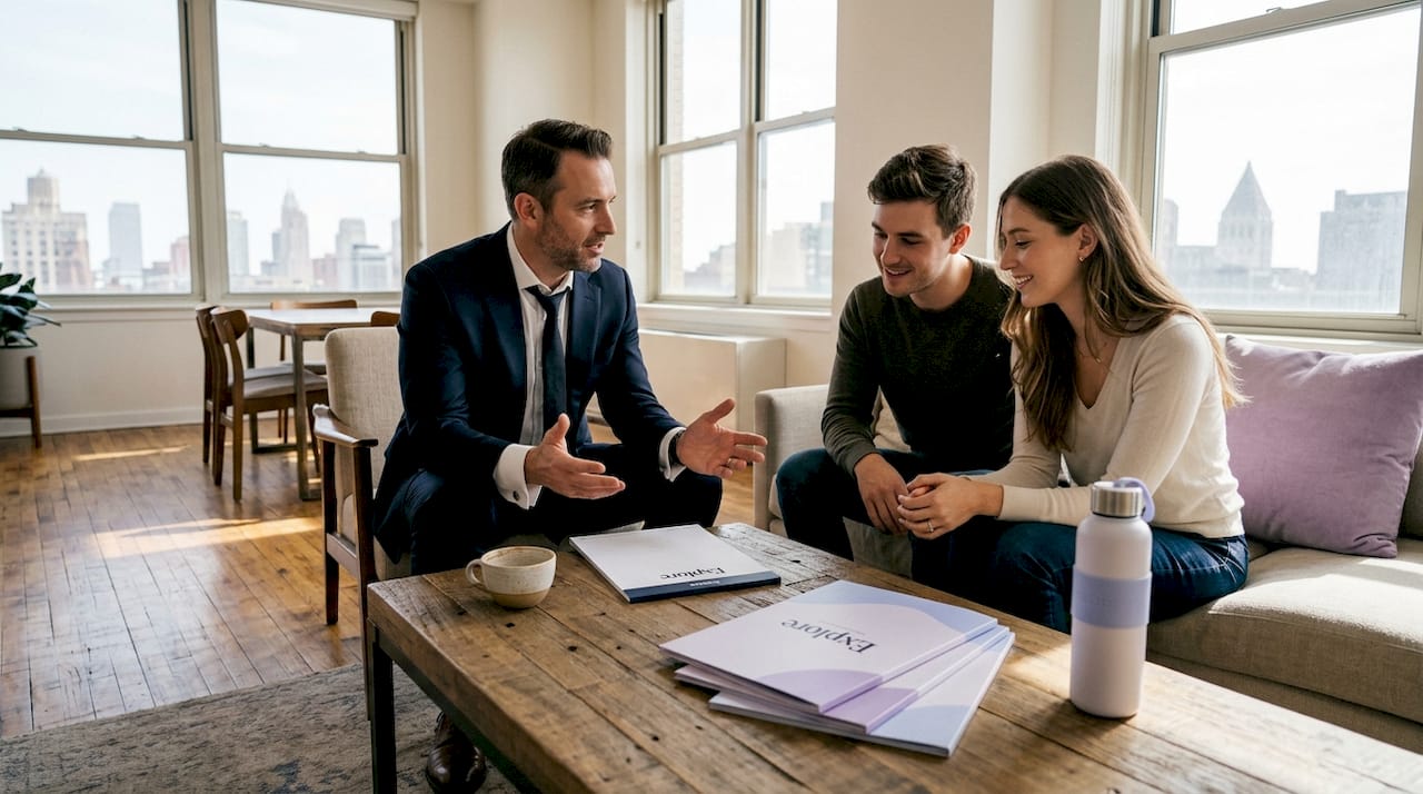 Agent advising clients in city apartment