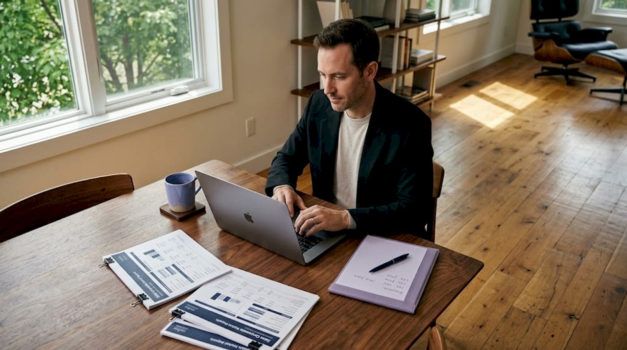 Agent reviews market analysis with paperwork