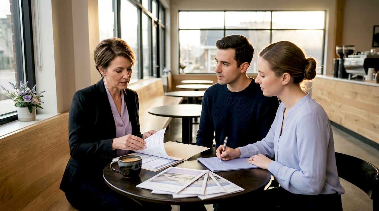 Real estate agent consulting with buyers at café