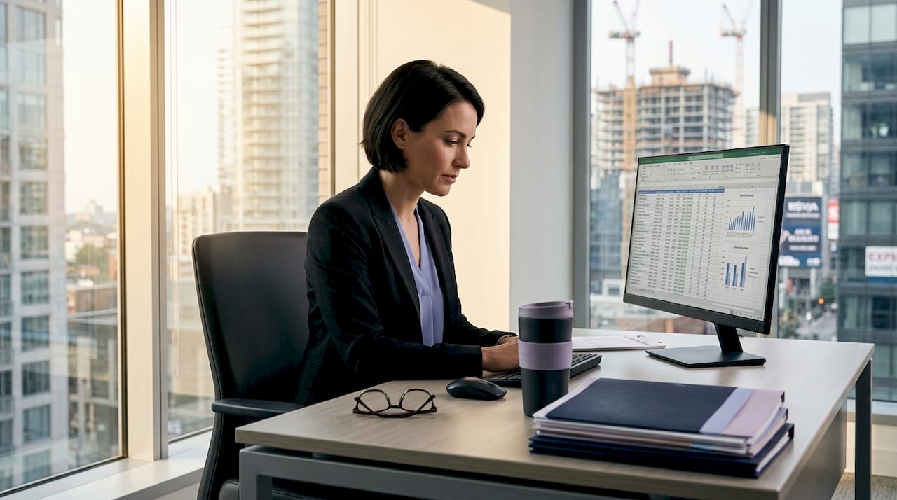 Agent checks sales metrics in corner office
