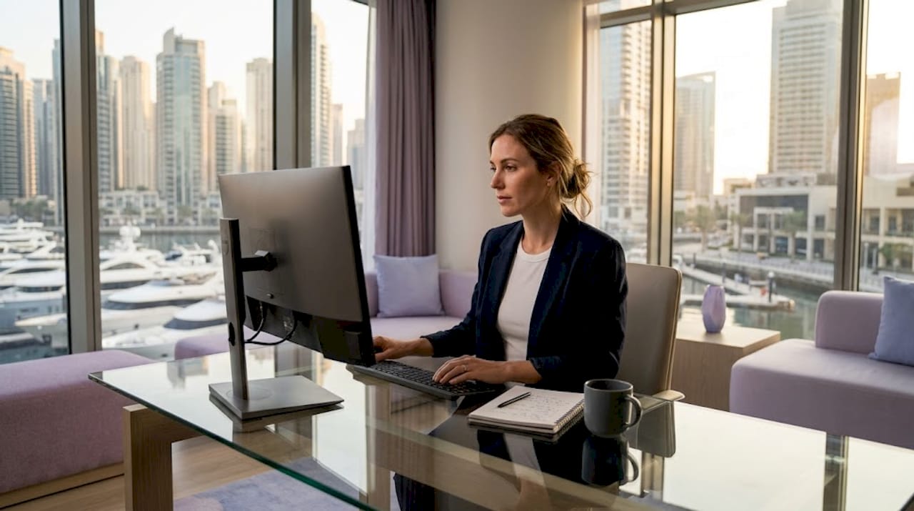 Digital marketing professional checking analytics at coworking desk