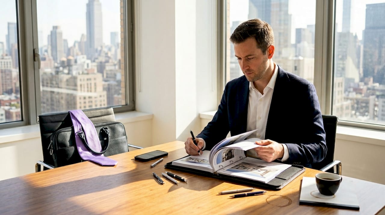Broker reviewing listings in city office