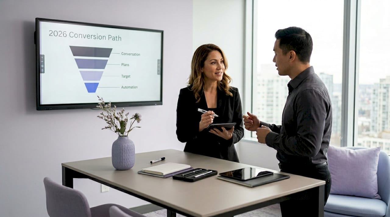 Sales manager discusses funnel stages at office table