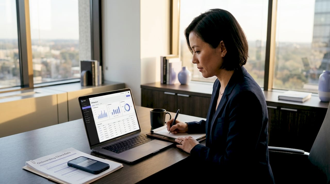Businesswoman reviews client workflow in corner office