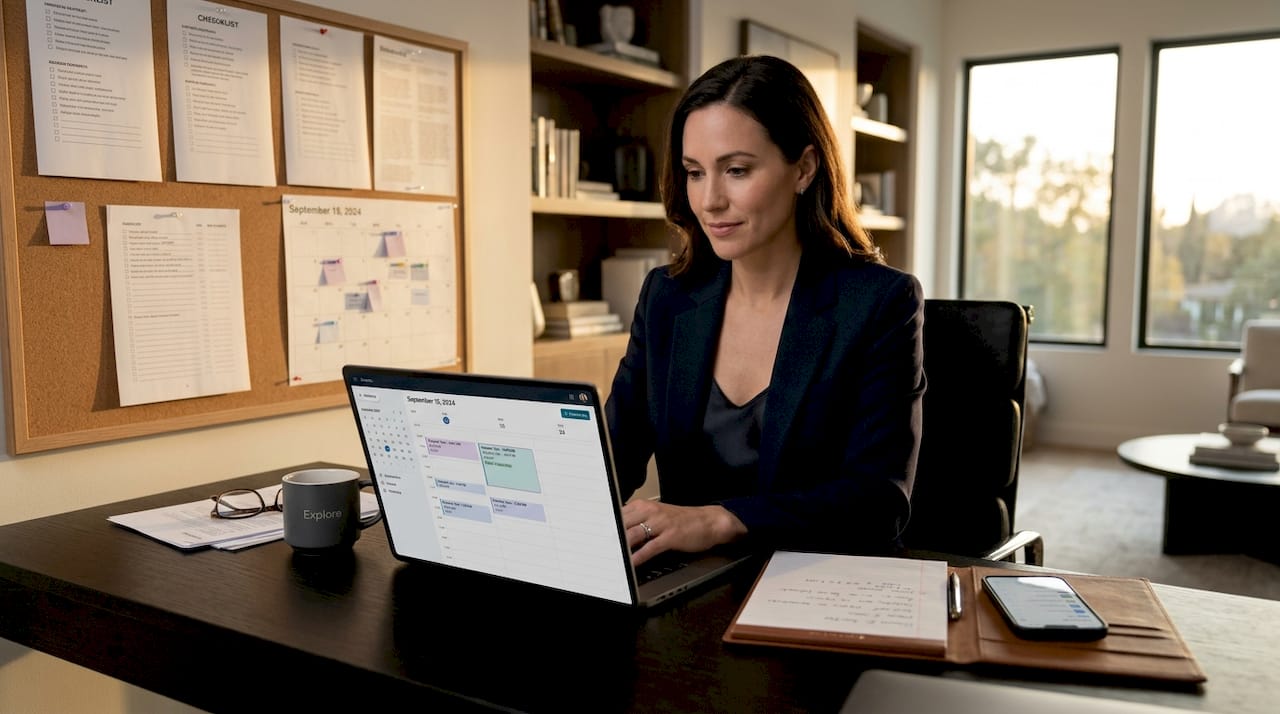 Real estate agent scheduling appointments in bright home office