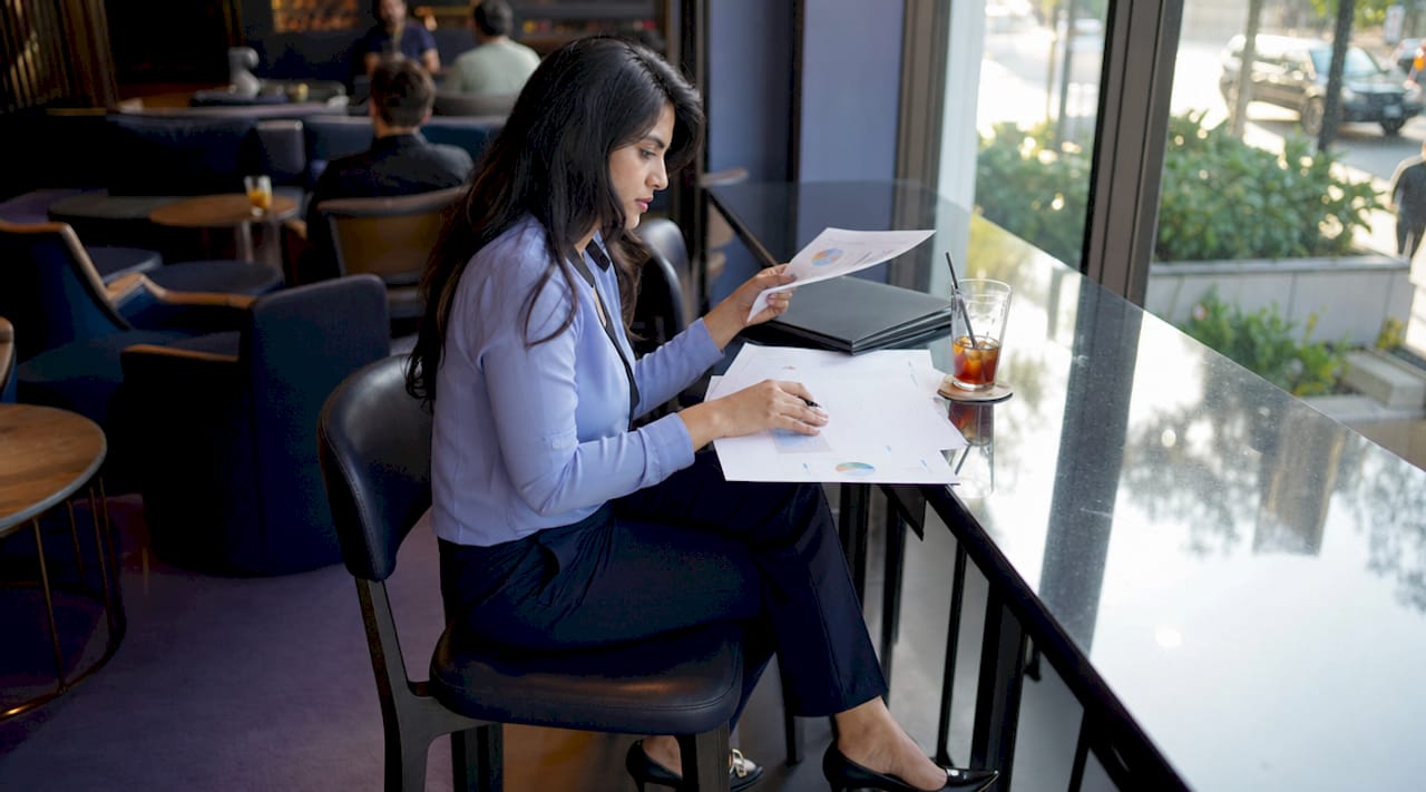 Woman reviewing market research reports