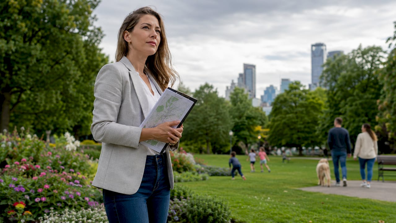Agent with clipboard on suburban street