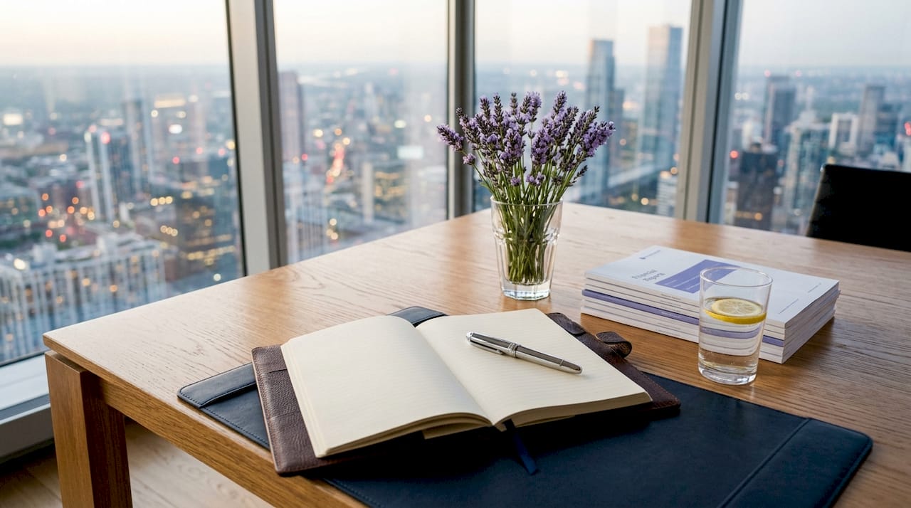 Luxury office workspace with sales planning materials