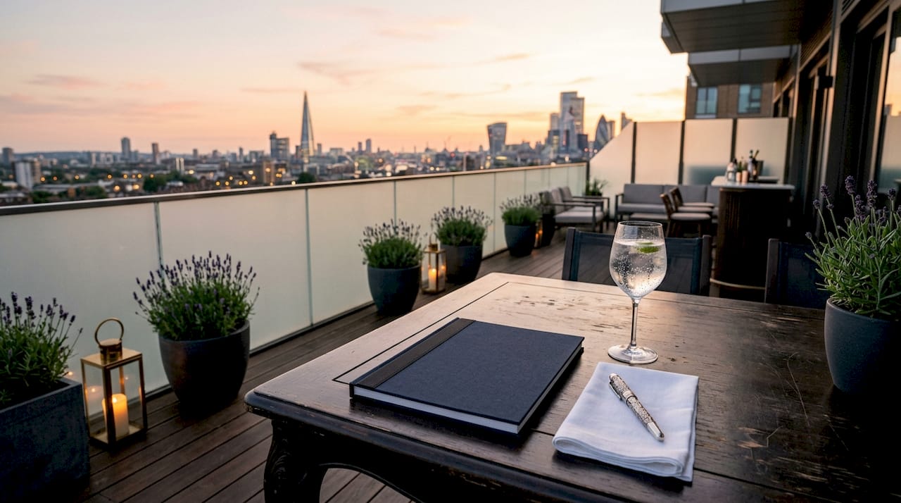 Glossy luxury desk with closed sales playbook and pen