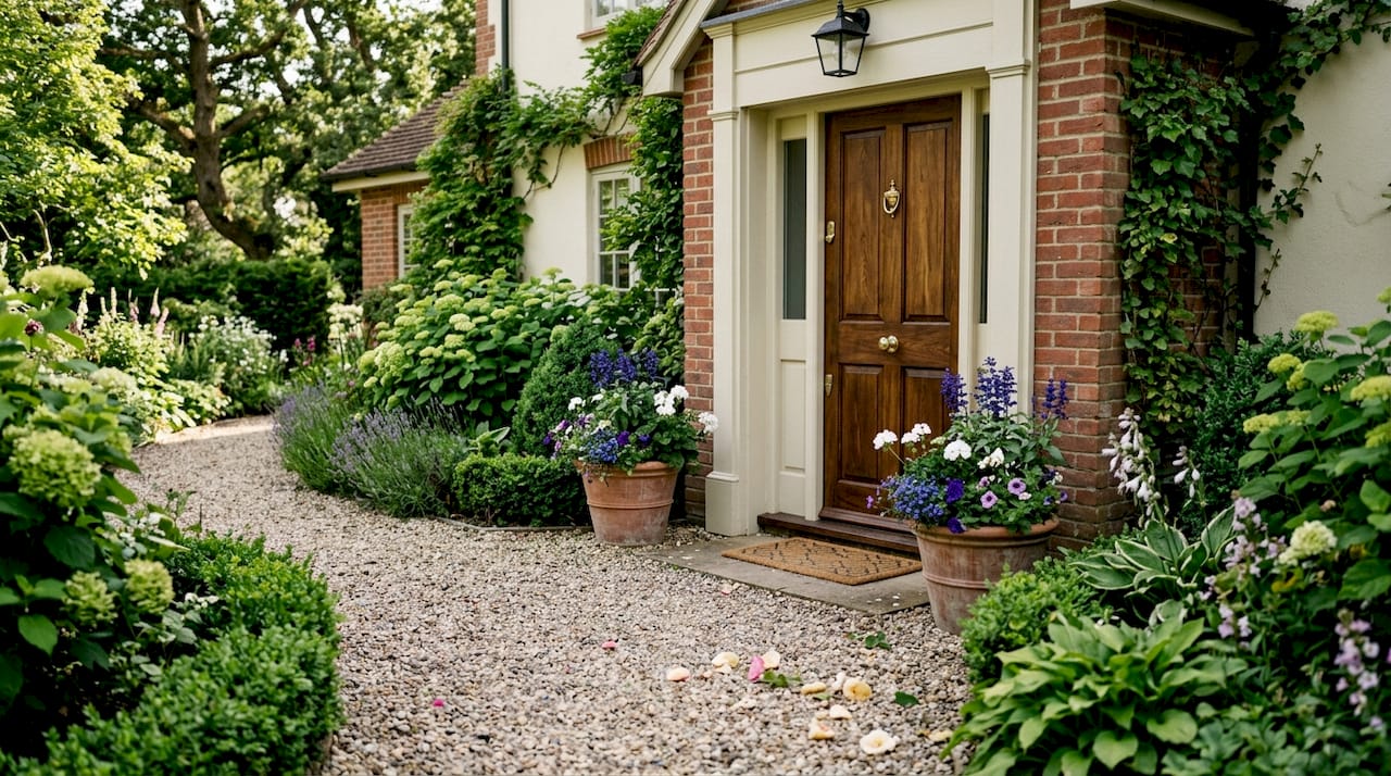 Opulent open house front entrance with landscaping