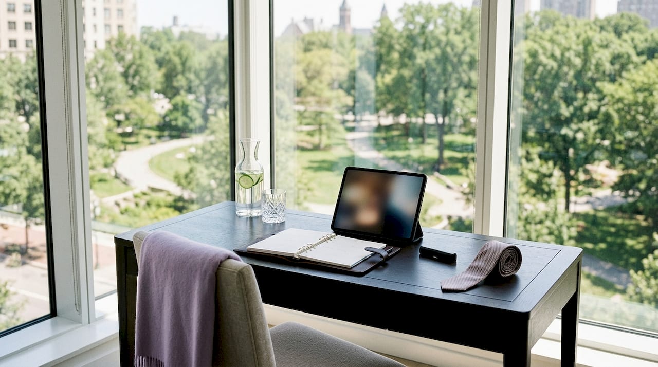 Luxury real estate office with CRM tools on desk