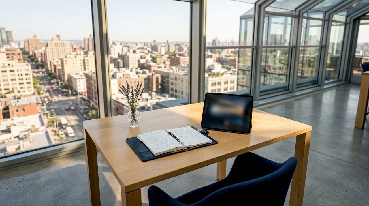 Luxury office with tablet showing analytics