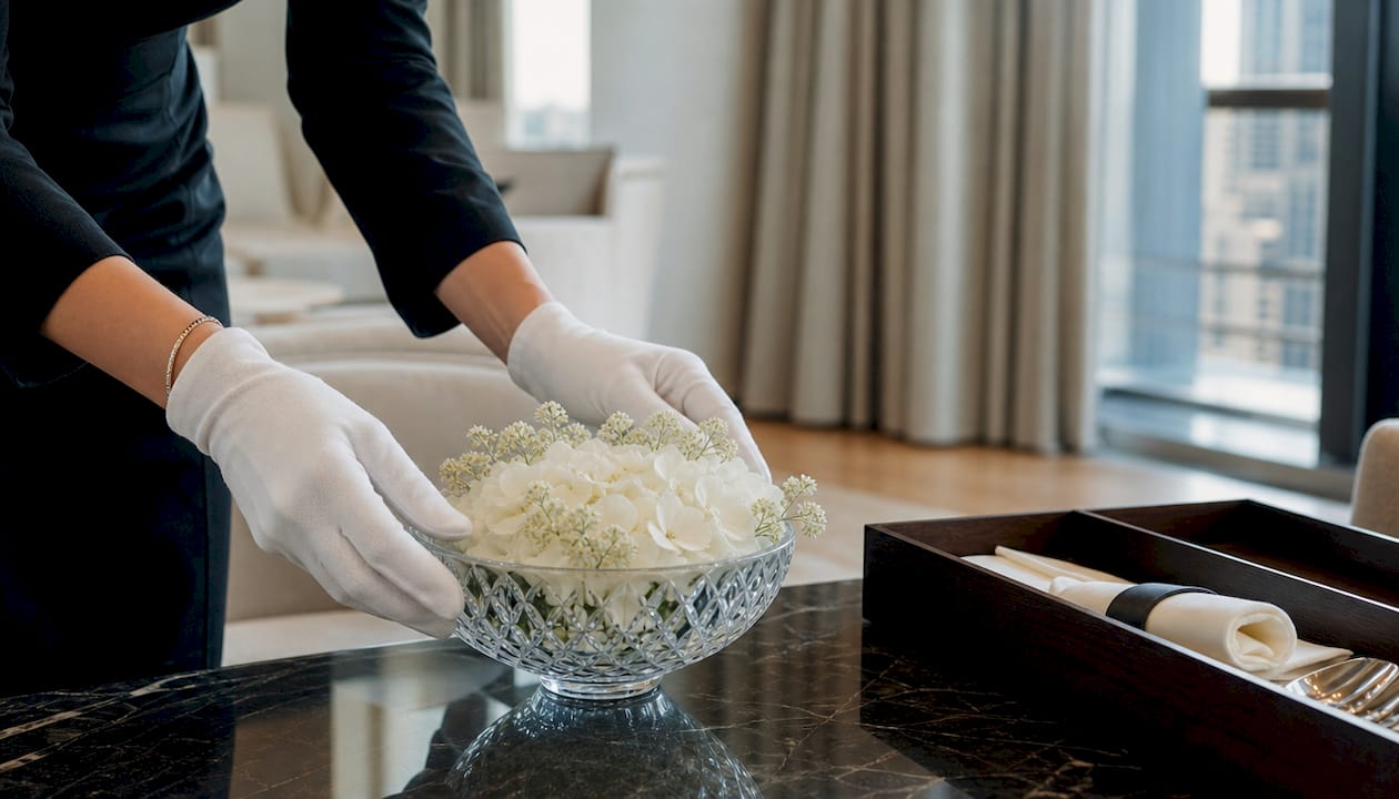Hands carefully handling luxury item with white gloves