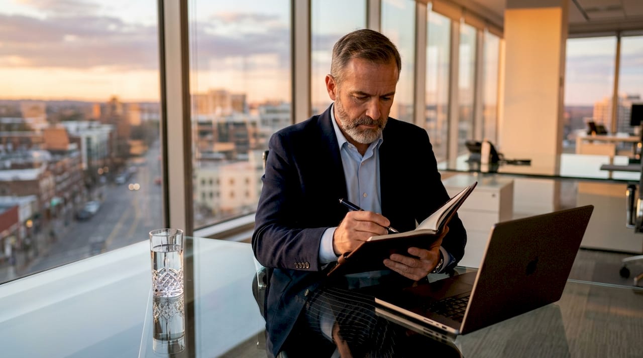 Executive reviewing client follow-up planner in luxurious office