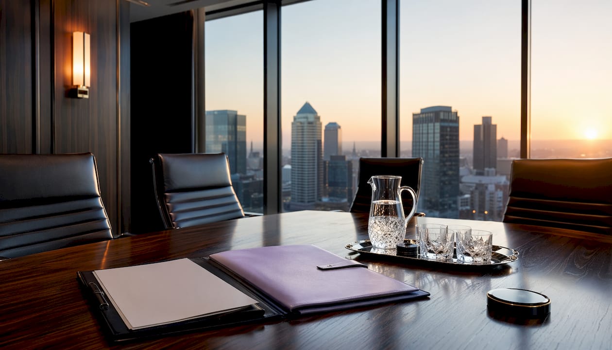 Luxury executive conference room with client portfolio