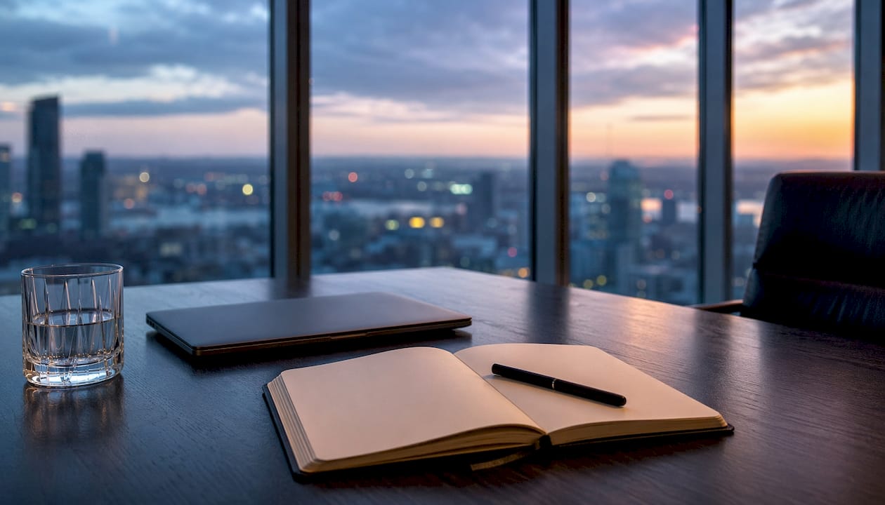Luxury office sales pipeline workspace at sunset