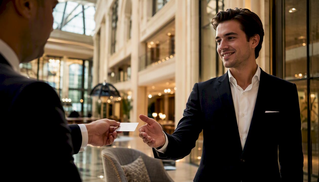 Luxury broker exchanging business card