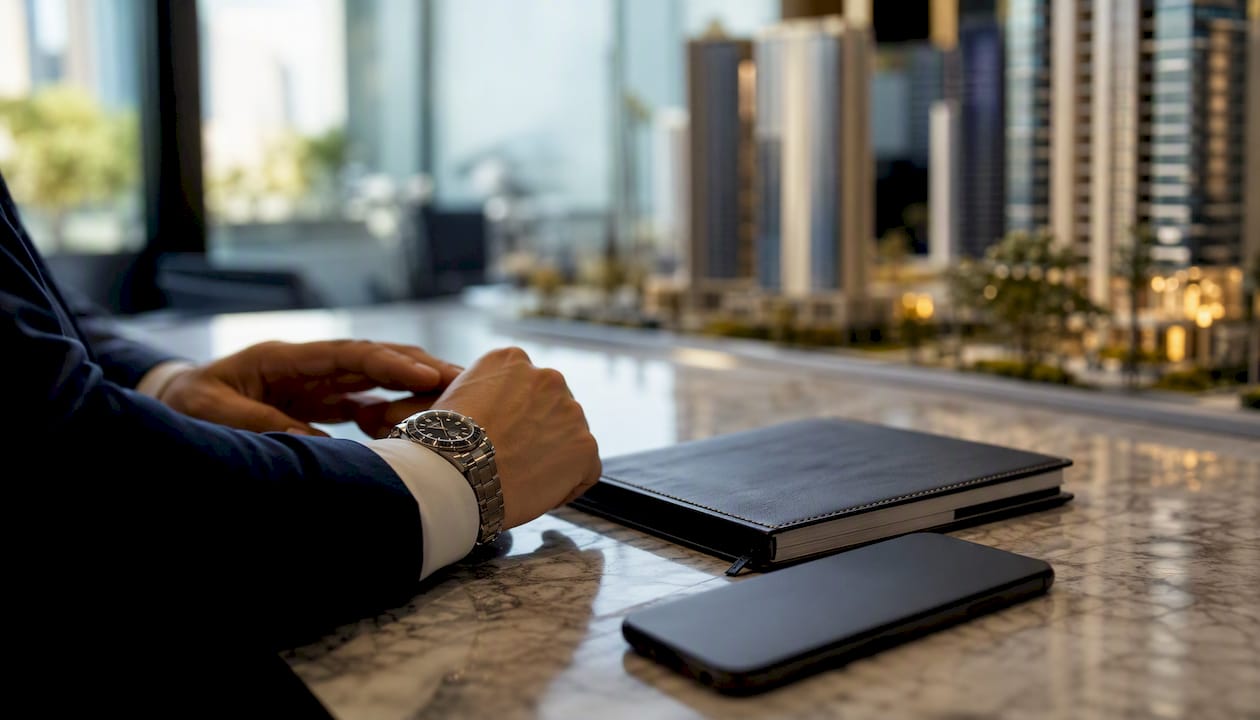 Broker's hand adjusting watch next to notebook