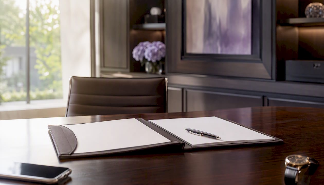 Luxury office desk with referral intake folder