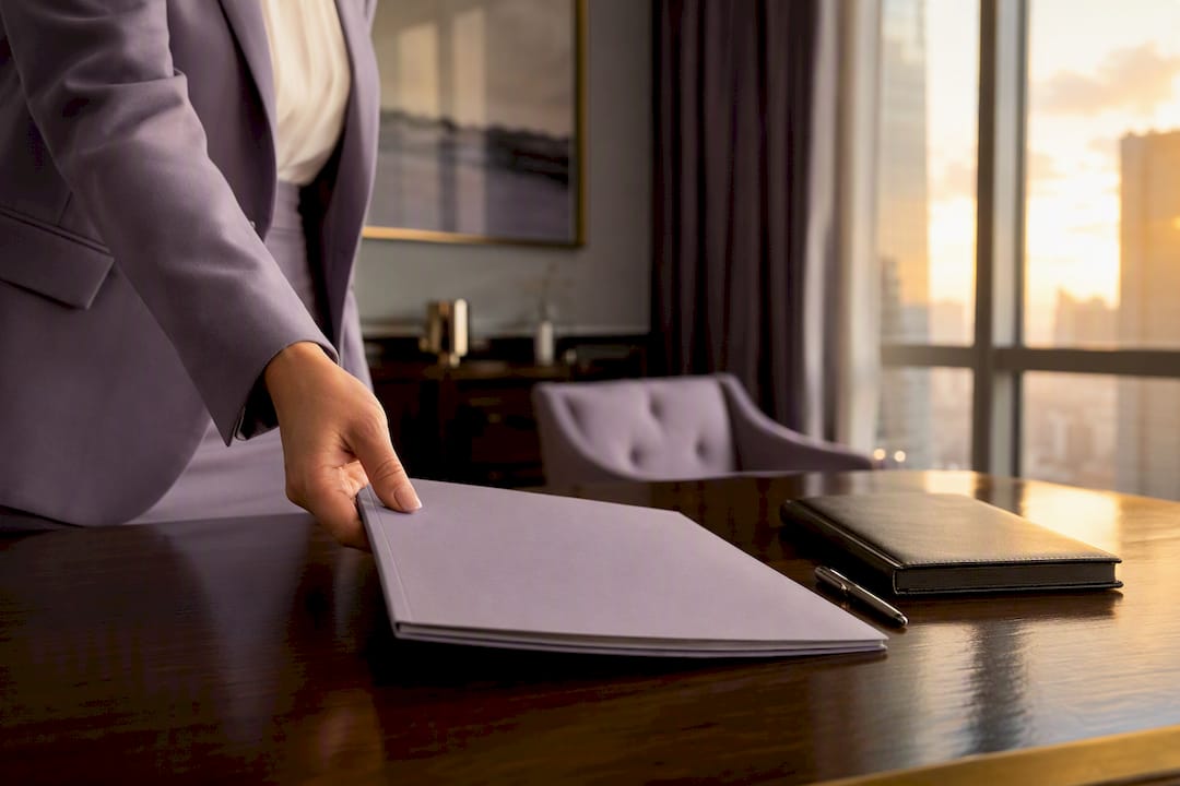 Hand placing contract folder on polished table