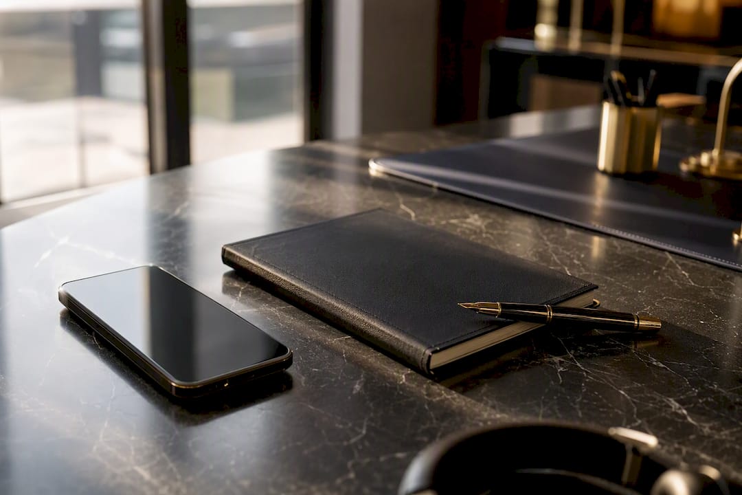 Luxury real estate desk with phone and pen