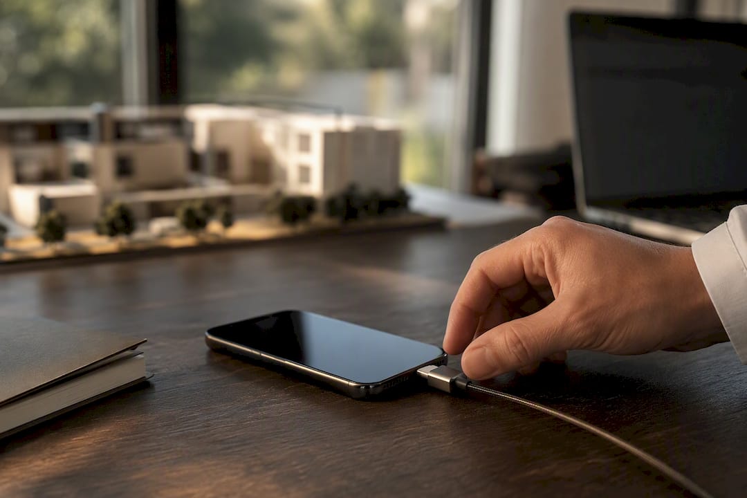 Hand connecting charger cable on luxury desk