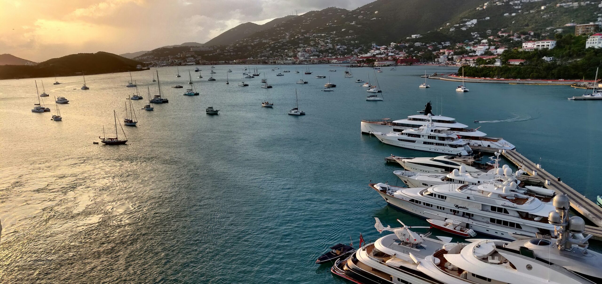 The port of St. Thomas in the US Virgin Islands during sunset.