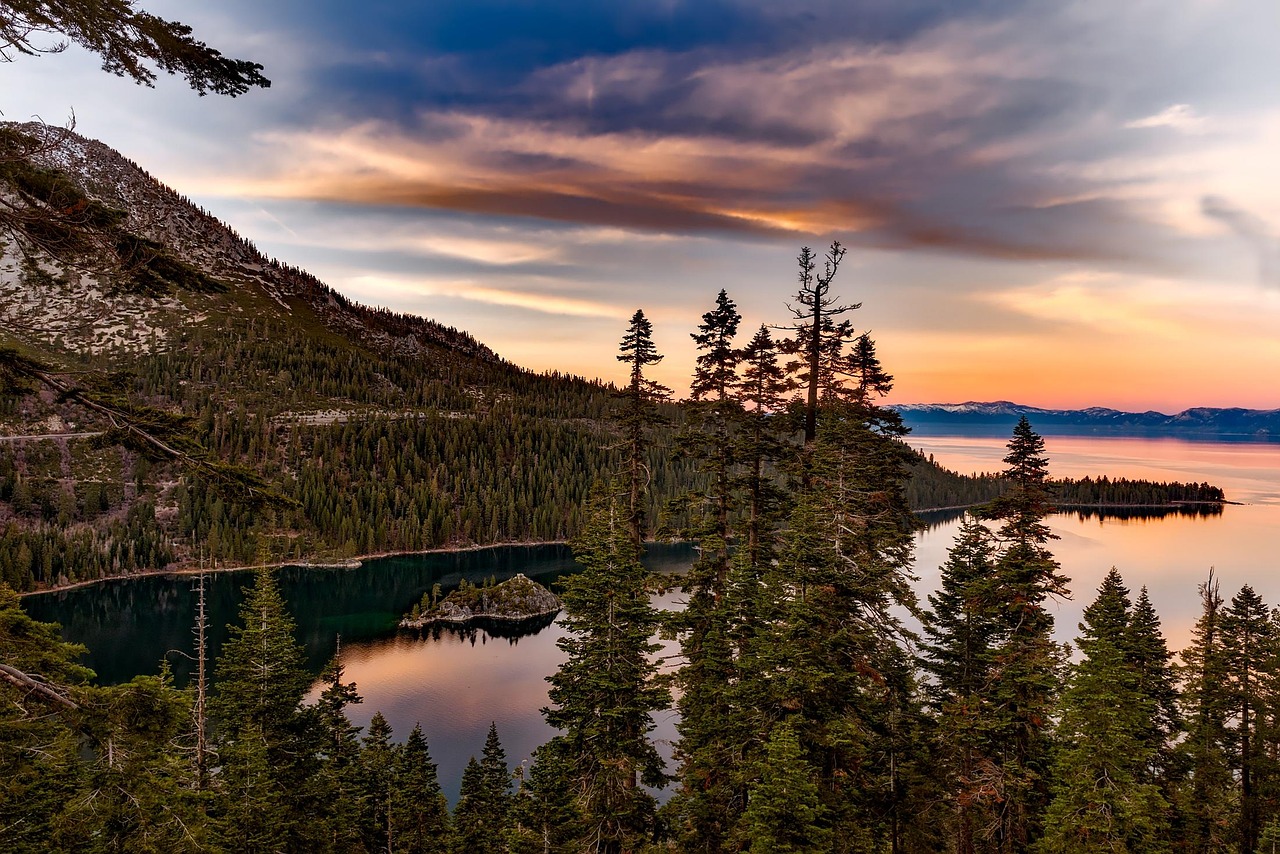 lake, trees, mountains, conifers, coniferous, conifer forest, sky, landscape, nature, lake tahoe, emerald bay, california, water, reflections, clouds, sunset, dusk, forest, woods, woodlands, outdoors, countryside, wilderness, rural, lake tahoe, lake tahoe, lake tahoe, lake tahoe, lake tahoe, california, california