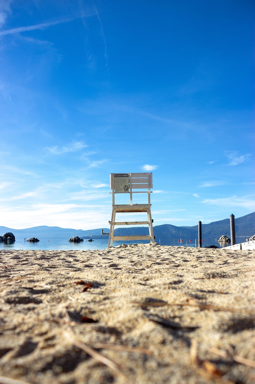 chair, beach, lake, tahoe, nature, blue, sea, nevada, fall