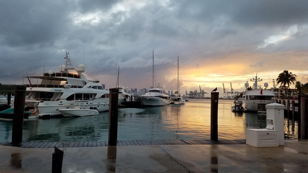 harbor, miami, nature, fisher island, florida, port, docks, dock, boats, sunset, after rain, rainy day, pigeon, skies, clouds, yachts