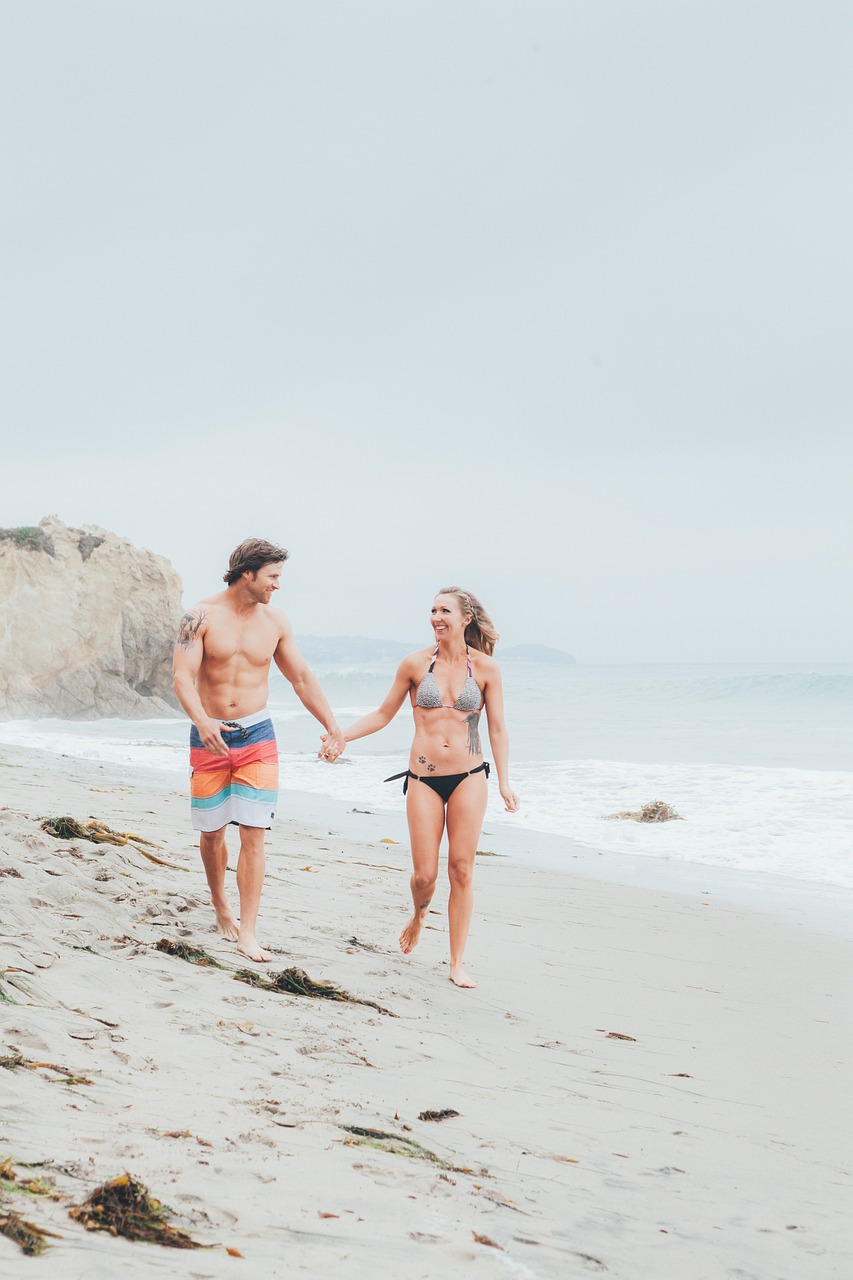 walking, beach, couple, resort, nature, vacation, holding hands, paradise, leisure